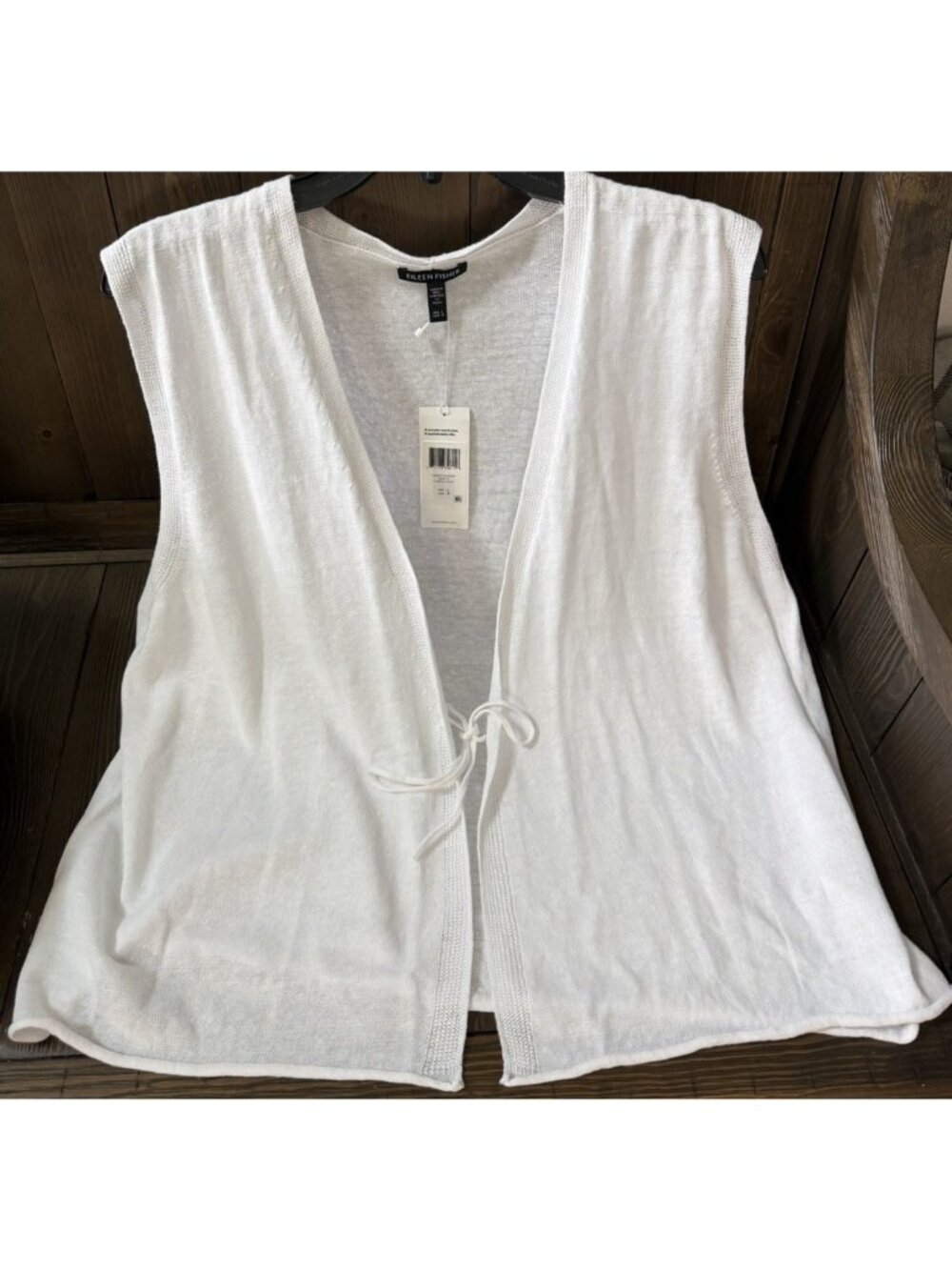 Eileen Fisher LARGE Organic Linen Cotton Tie Vest White Lightweight Knit NWT